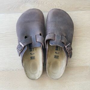 Birkenstock Brown Leather Boston Clogs with Buckle